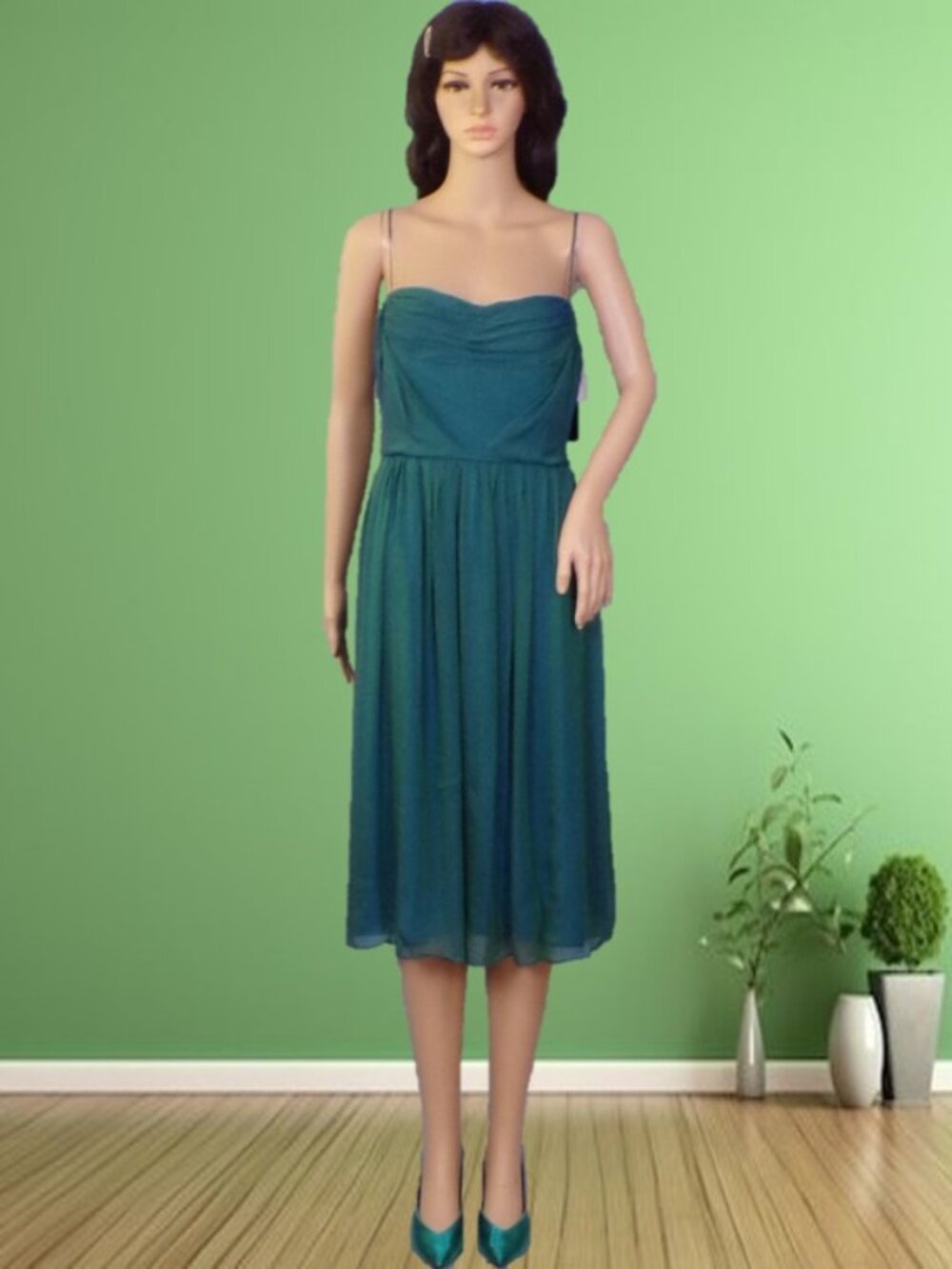 SILK! DAVID MEISTER size 10 teal-green OTS midi fit/flare dress 100% silk